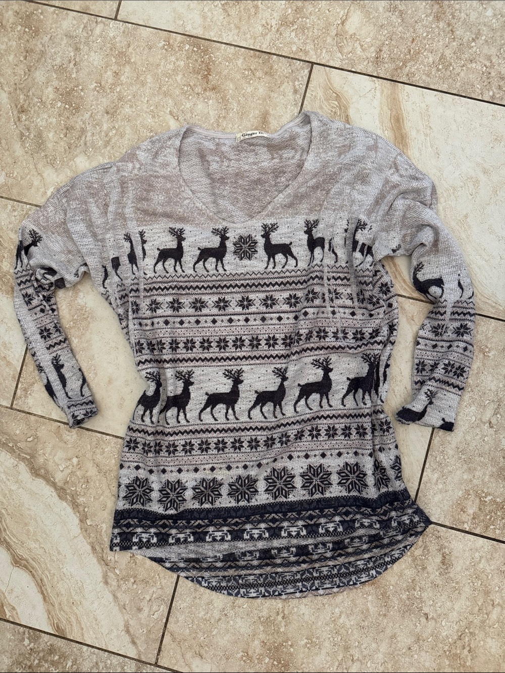 Ginger G Light brown and tan V-Neck Reindeer & Snowflake Knit Sweater